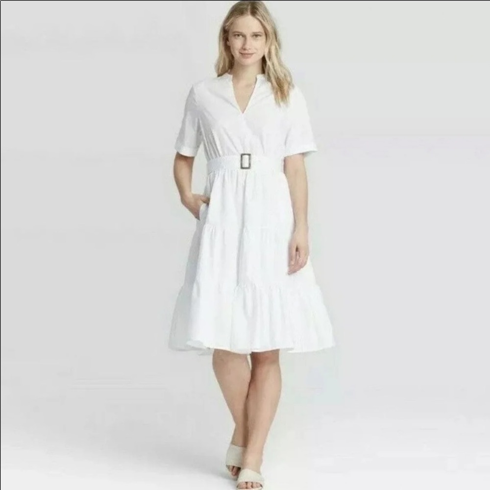 NWOT.Who what wear shirt sleeve white poplin dress